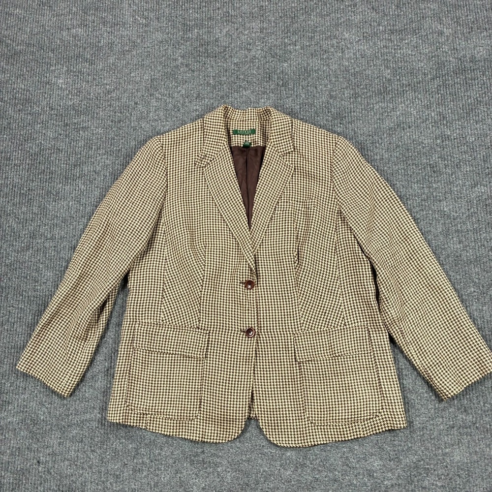 Vintage Lauren Ralph Lauren Size 16W Linen Houndstooth Blazer Brown Jacket